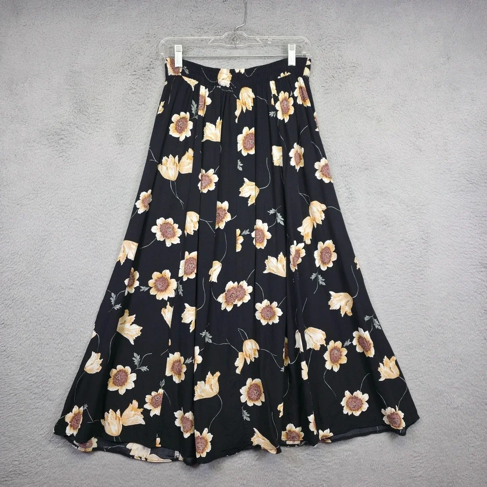Vintage Vivoli Skirt Womens M Black Button Down Pleated Floral Cottagecore USA‎ - Picture 4 of 14